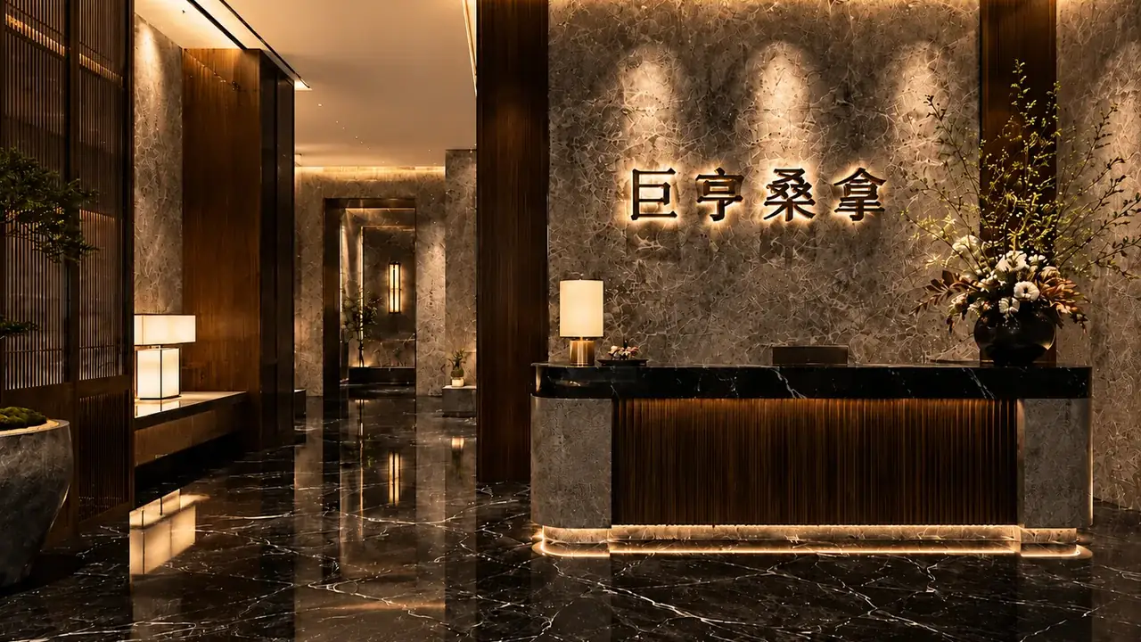 巨亨桑拿大堂——深色大理石地面與品牌接待櫃檯