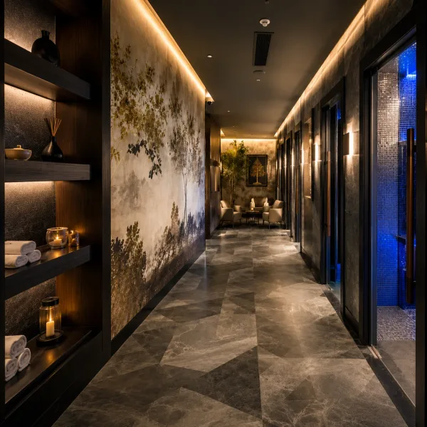暖光展示格与蓝光门廊的石材走道